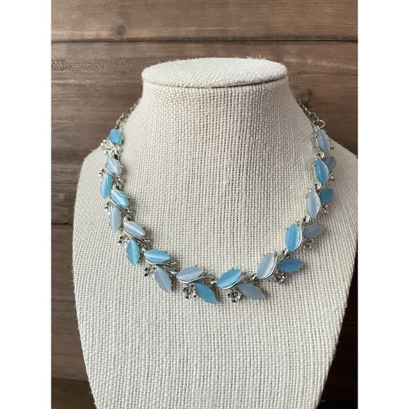 Vintage Thermoset Blue Floral Necklace - Silver Tone - 15” Adjustable - Picture 3 of 7
